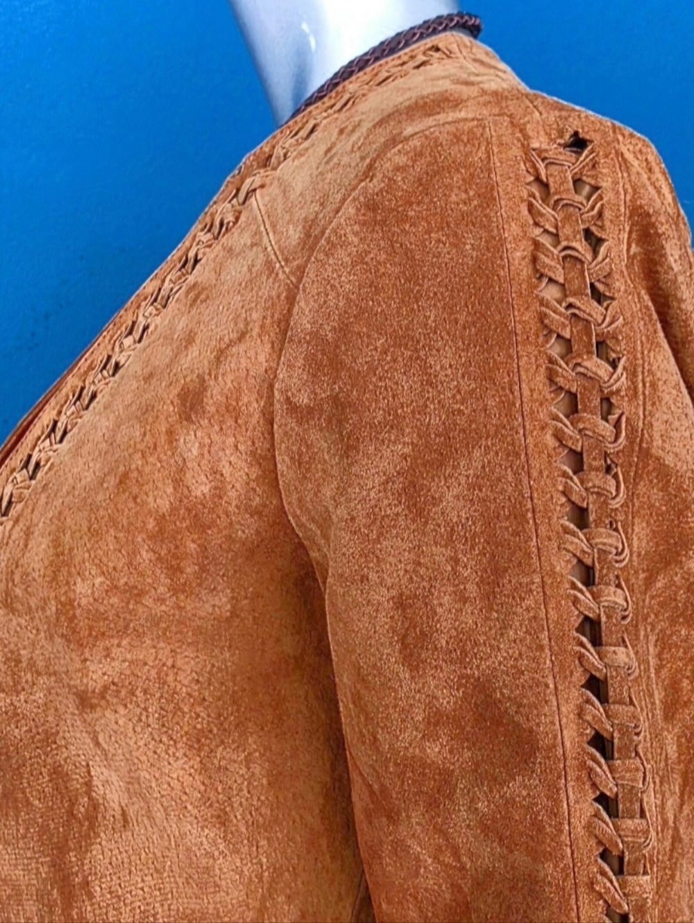 🆕️🤠🐎MANGO Genuine Leather Trena Suede Jacket Collarless w/ Suede Braiding NWT - Picture 8 of 16